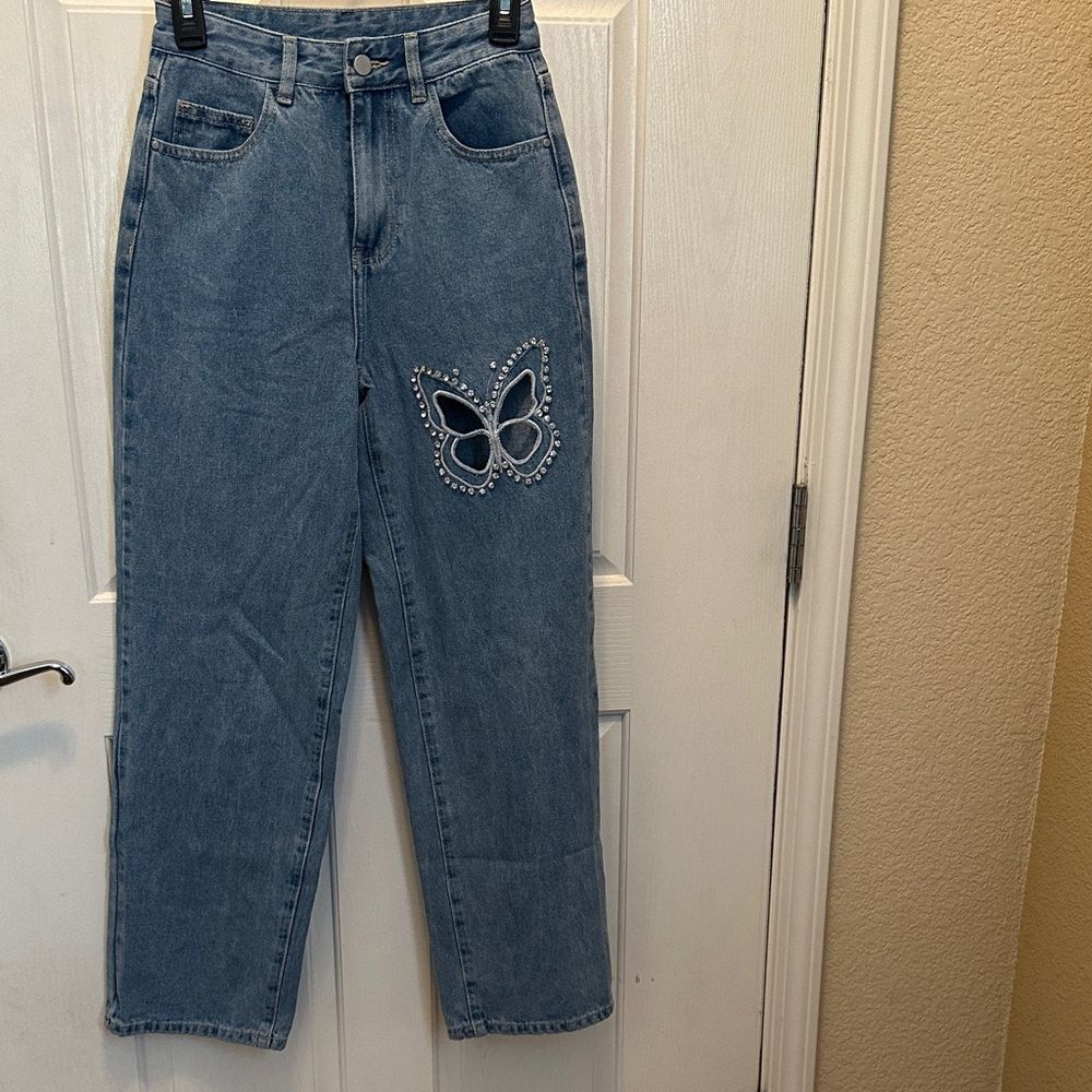 Cider Blue Straight Leg Jeans with Butterfly Cutout Accent Rhinestones Size XS